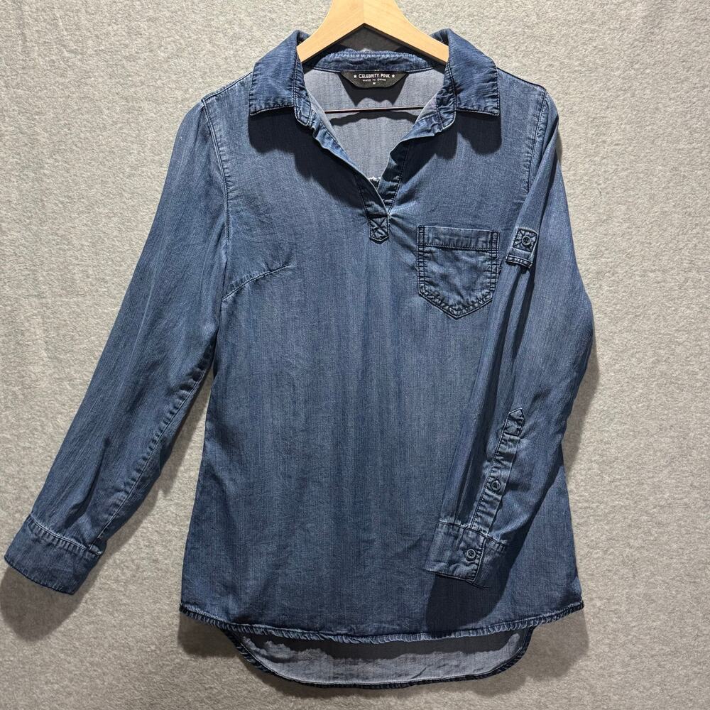 Celebrity Pink Womens M Blue Tencel Chambray Denim Shirt Roll Tab Long Sleeve